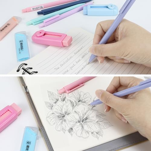 Mechanical Pencil Set - 6PCS 0.5mm Cute Pastel Mechanical Pencils, 2Push-Pull Retractable Eraser with 80PCS HB 0.5 Lead Refill and Clear Zipper bag Pencil Kit for Art, Drawing Pencils for Sketching - color: Pink
