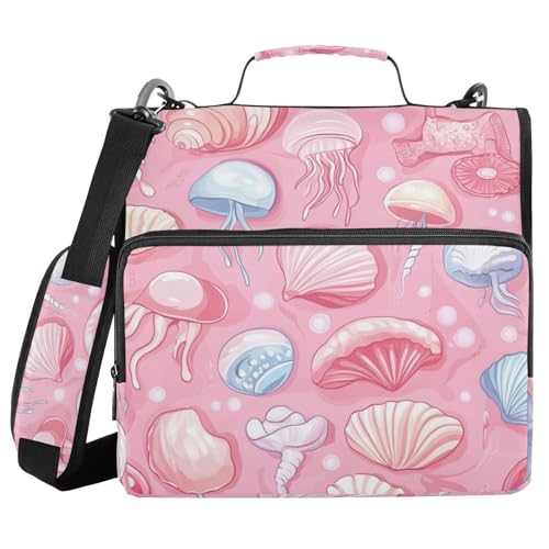 Pink Shells and Jellyfish Zipper Binder 3 Ring 1.5 Inch School Binder Organizer with Shoulder Strap Handle File Folder Pockets Large Capacity Students Girl Boy Men Office Work - color: Pink Shells and Jellyfish