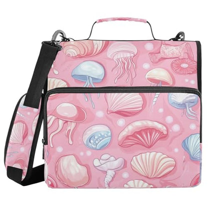 Pink Shells and Jellyfish Zipper Binder 3 Ring 1.5 Inch School Binder Organizer with Shoulder Strap Handle File Folder Pockets Large Capacity Students Girl Boy Men Office Work - color: Pink Shells and Jellyfish