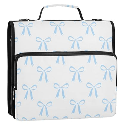 Zipper Binder Bag 3 Ring File Folder Portfolio Organizer Zippered Binder Bags with Strap Fits Laptop Women Men - color: Multi-blue Bow White