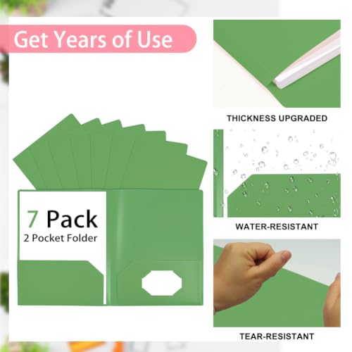7 Pack Green Plastic Folders with Pockets, 2 Pocket Folders Bulk, Plastic Paper File Folders with Card Slot for Back to School Home Office File Letter Size Paper - color: Green