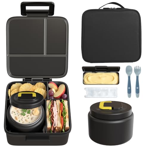 MAISON HUIS Bento Lunch Box with 8oz Soup Thermo and Insulated Lunch Bag, Kids Leakproof Lunch Food Containers with 5 Compartment, Boys Girls Thermo Hot Food Jar for Travel, School, BPA Free (Black) - color: Black1