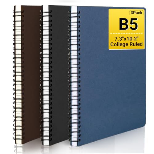 EUSOAR B5 Spiral Journal Notebook, 3 Pack 7.3"x10.2" 120 Pages Hardcover Lined Travel Writing Notebooks Journal, Students College Office Business Subject Diary Ruled Spiral Book Journal - color: Black/Royal Blue/Coffee, size: 3Packs