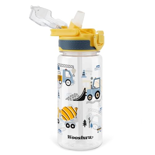 Kids Water Bottle for School, 20 Oz Plastic Straw Water Bottle with Silicone Spout and Leakproof Cover, Dishwasher Safe (Excavator) - color: Excavator, size: 20 Ounces