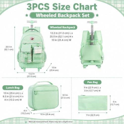 AGSDON Rolling Backpack for Girls, 21" Women Roller Wheels Bookbag, Laptop Wheeled Suitcase School Backpacks with Lunch Bag for Teens - color: Square Green