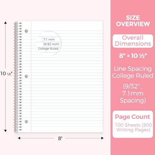 SKYDUE 8"x10.5" Spiral Notebook - College Ruled 100 Sheets, 1 Subject Notebook for School & Office, 3-Hole Punched Paper, Pink - color: Pink