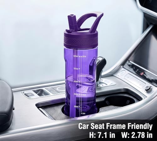 OLDLEY 20oz Kids Water Bottle with Straw, BPA-Free Tritan Water Bottle for School, Leakproof Clear Water Bottle with One Click Open, Measurement Scale, Cup Holder Friendly for Boys Girls,Deep Purple - color: Deep Purple