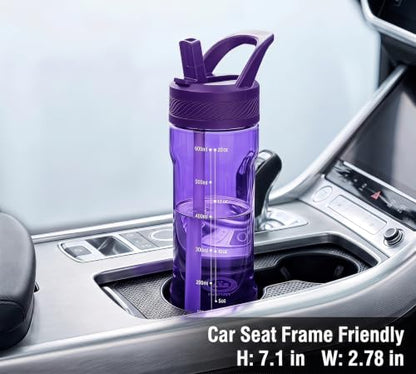 OLDLEY 20oz Kids Water Bottle with Straw, BPA-Free Tritan Water Bottle for School, Leakproof Clear Water Bottle with One Click Open, Measurement Scale, Cup Holder Friendly for Boys Girls,Deep Purple - color: Deep Purple