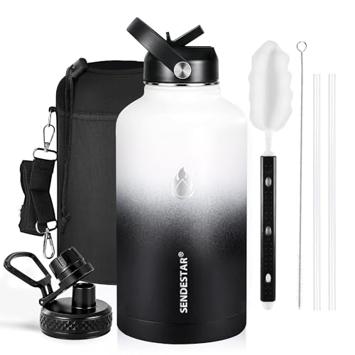 Insulated Water Bottle 64 oz, Triple Wall Vacuum Stainless Steel Water Bottles (Cold for 48 Hrs), Leak Proof & Non-BPA, Half Gallon Water Flask Jug Wide Mouth Straw Lid & Spout Lid - color: Day&Night-A, size: 64 Ounces