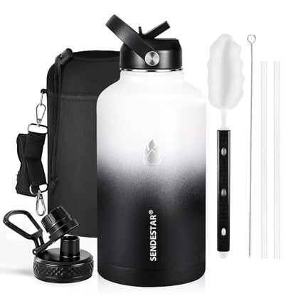 Insulated Water Bottle 64 oz, Triple Wall Vacuum Stainless Steel Water Bottles (Cold for 48 Hrs), Leak Proof & Non-BPA, Half Gallon Water Flask Jug Wide Mouth Straw Lid & Spout Lid - color: Day&Night-A, size: 64 Ounces