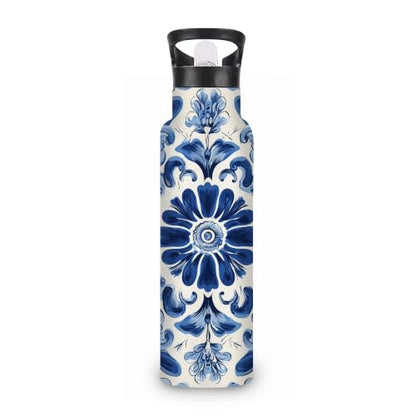 Water Bottles with Straw,Blue Flower Stainless Steel Cup Leak Resistant Double Wall Ethnic Paisley Insulated Water Bottle with Handle for Gym Cycling Hiking Office 20 oz - color: Blue Flower,Ethnic Paisley