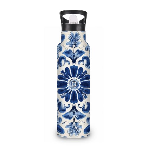 Water Bottles with Straw,Blue Flower Stainless Steel Cup Leak Resistant Double Wall Ethnic Paisley Insulated Water Bottle with Handle for Gym Cycling Hiking Office 20 oz - color: Blue Flower,Ethnic Paisley