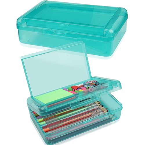 SFLHHDM Large Pencil Box, Double Layer Capacity Pencils Holders, Clear Hard Pen Case with Snap-tight Lid, Plastic Pencil Case for School, Pen Boxes Storage School Box (Turquoise Green-1pcs) - color: Turquoise Green-1pcs