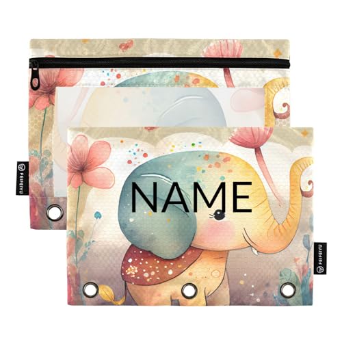 ZAZYXTJ Personalized Cute Elephant Binder Pencil Pouchs 3 Ring with Zipper Clear Window Office Organizers bag for School Students Teacher Supplies 2 Pack - color: Elephant