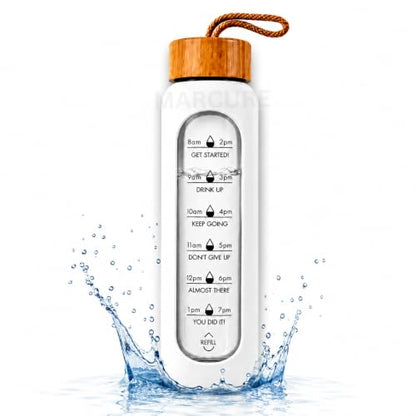 1 Litre Borosilicate Glass Water Bottle, Motivational Hydration Tracker Bottle with Bamboo Lid, Protective Silicone Sleeve | Reusable Bottle, Leak-Proof, BPA-Free, Time Marker, White - color: White