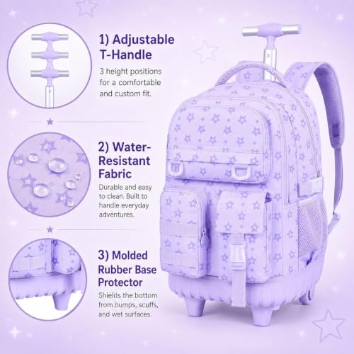 CCJPX 3Pcs Rolling Backpack for Girls, Roller Wheeled School Bookbag, Star Wheels Backpacks with Lunch Box for Kids (Purple) - color: Star Purple