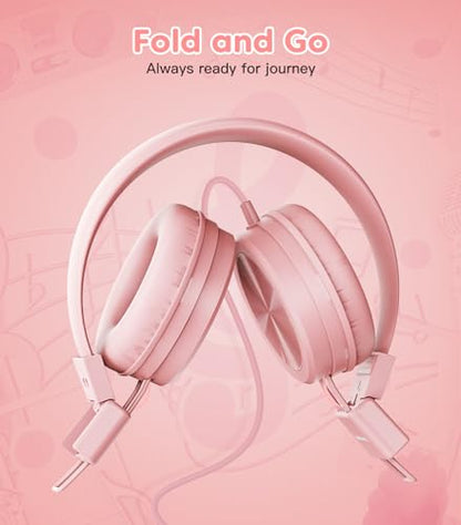 Cowyawn Kids Headphones, Toddler Headphones with Safe Volume Limiter 94dB, Wired School Headphones for Kid, 3.5mm Adjustable On-Ear Headphone for Boys/Girls/Children/Teens/iPad/Computer, Light Pink - color: Light Pink