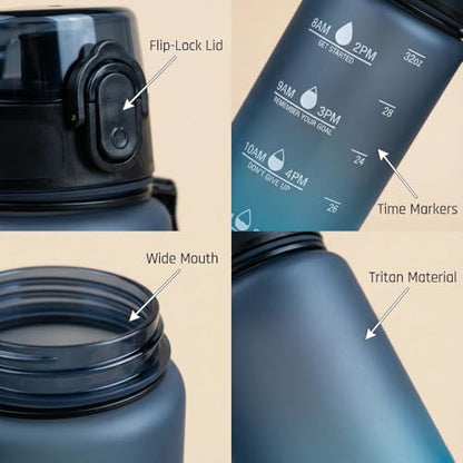 32oz Water Bottle with Time Marker, Leakproof & Durable BPA Free Wide Mouth Bottle for Gym, Travel, Home, School, Office (1 Bottle) - Black Blue - color: Black Blue