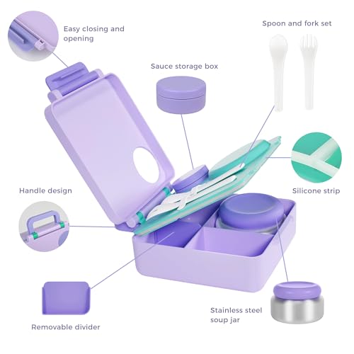 FOOYOO Bento Lunch Box Set for Kids & Adults, Leakproof 4-Compartment Container with Insulated Stainless Steel Food Jar, Utensils, BPA-Free, Microwave & Dishwasher Safe for School Work Travel（Purple） - color: Purple