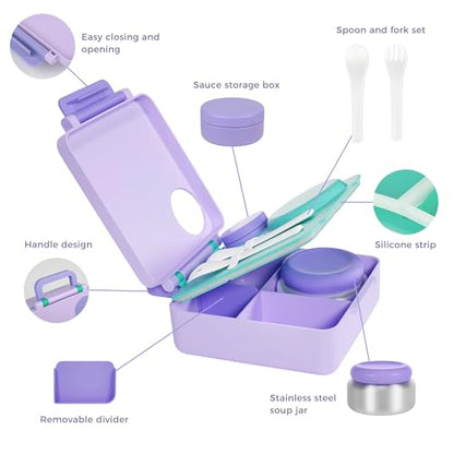 FOOYOO Bento Lunch Box Set for Kids & Adults, Leakproof 4-Compartment Container with Insulated Stainless Steel Food Jar, Utensils, BPA-Free, Microwave & Dishwasher Safe for School Work Travel（Purple） - color: Purple