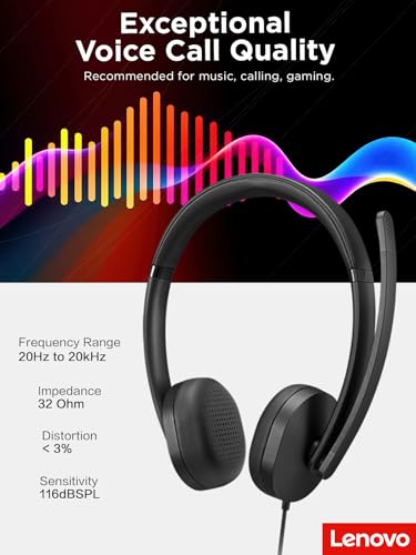 Lenovo USB-A Wired Stereo Headset for PC/Laptop, AI Noise Canceling via APP, 140g Lightweight, Replaceable Earcups, Double-Sided Boom Mic, in-line Controls with Mute for Call. Work with Teams/Zoom