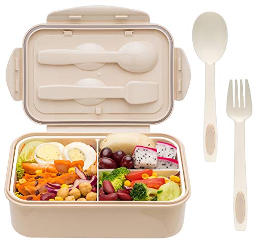 LOVINA Bento Box for Adults and Kids - 1400ML Portable, Lightweight, Easy to Carry Meal Holder with Spoon & Fork, Durable, Leak-Proof, BPA-Free and Food-Safe Materials - color: Khaki