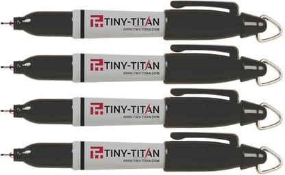 Tiny-Titan Mini Markers, EXTRA Fine Point - Permanent Ink - Metal Tip - Keychain Clip, Golf Ball Marker, Clip On Nurse's Badge - Black Ink - EXTRA Fine Point - 4 Pens