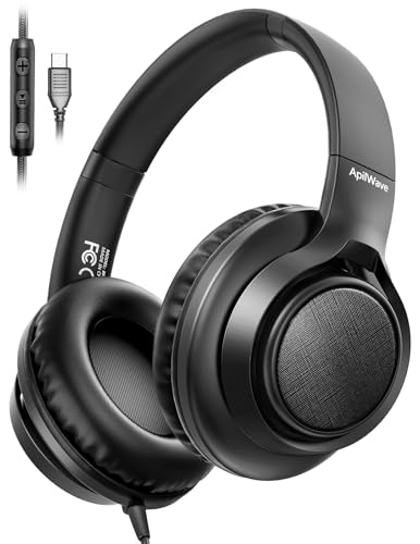 USB C Headphones Wired, Over-Ear Headphones with HD Mic & Memory Foam, Hi-Fi Stereo Sound, Tangle-Free Cord, Adjustable Lightweight Foldable Headset for iPhone 16/15, Laptop, Podcast, School - Black