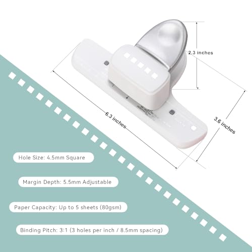 5-Hole Punch Square Paper Punch Manual Book Binding Machine with 20PCS 3:1 Pitch Plastic Spiral Binding Coils for Planners, Notebooks, Journals or Scrapbooks (Silver and White)