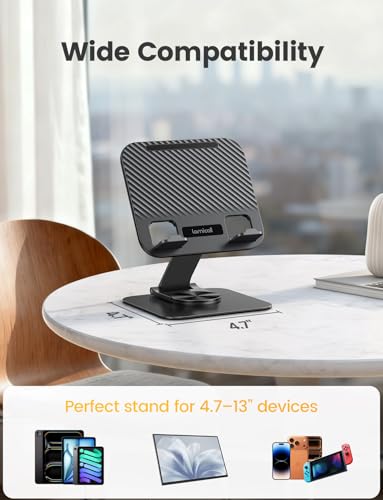 Lamicall Adjustable iPad Stand for Desk, Ultra-Slim Foldable, 360° Rotation | [Foldable Ultra-Slim][ 360°Rotation Base] Heavy-Duty Tablet Holder Stand for 4.7-13" iPad Pro Air Mini E-Reader Kindle Tabs - color: Black