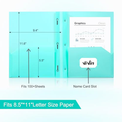 ViVin Sturdy Plastic Folder with Pockets,12 Pack,Heavy Duty Two Pocket 3 Prong Folders,Holds Letter Size Paper,File Folders with Business Card Slot for School Home and Office(Light Green) - color: Light Green, size: 12 PACK