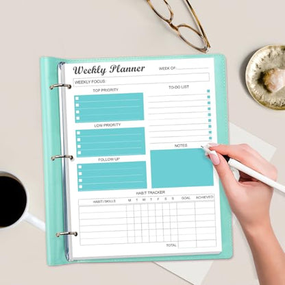 3-Hole Weekly Planner Refills - 53 Sheets/106 Pages Weekly Planner for 3 Ring Binders, 100 gsm White Paper, Lasts 1 Year, Undated, 8.5'' x 11'', Teal - size: 1-Pack, style: 3-Hole
