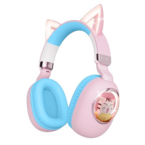 Kids Headphones Bluetooth 5.4 - Cat Ear LED Light Up Noise Cancelling Wireless Headphones with Mic, 85dB Volume Limited, Wired & Wireless Mode for Travel/School/iPad - color: Pink Blue