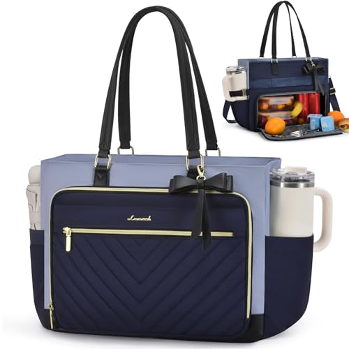 LOVEVOOK Lunch Bag, Tote Bag for Women with Insulated Lunch Compartment & Cup Holder, Insulated Lunch Bag Fit 17.3 Inch Laptop, Water Resistant Large Capacity Work Tote for Teacher, Nurse, Office - color: Gray Blue-navy Blue-black, size: 17.3 Inch With Lu