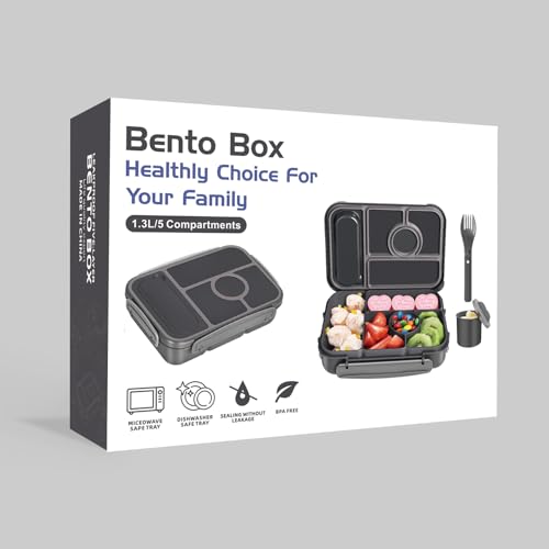 Amathley Bento Box Adult Lunch Box Kids,Lunch Containers for Adults/Kids/Toddler,5 Compartments Bento Lunch Box with Sauce Vontainers,Microwave & Dishwasher & Freezer Safe,BPA-Free (Dark Gray) - color: Dark Gray