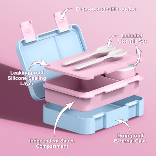 Bevalsa Backpack for Girls, Bow Bookpack with Bento Lunch Box, Insulated Bag & Utensils, 34oz Lunch Containers School Bags Set for Children Teens Kids Elementary Middle school Student (Pink-Blue) - color: Pink-blue