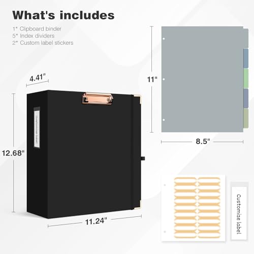 Ospelelf 3 Ring Binder, 3 Inch, Cute Letter Size (11" x 8.5") with 5 Tab Dividers, File Folder Labels and Low Profile Clipboards, Black Binder for School and Office Supplies - color: Black, size: 3in（Letter Size）