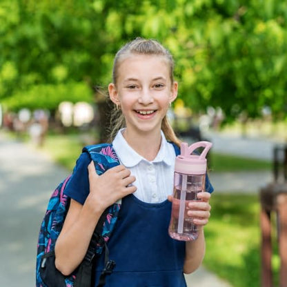 14oz Clear Kids Water Bottle with Straw Lid, BPA-Free Tritan, Measurement Scale, Sturdy Handle Wide Mouth Leak-proof Reusable Plastic Bottle for Boy& Girls, Back to School(Pink) - color: Pink