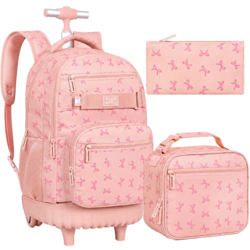 gxtvo Roller Backpack for Girls, Women Rolling Bookbag with Lunch Box for Adults, Water Resistant Wheeled School Bag for College Teens Kids Travel - Pink Bow - color: Girls Rolling Backpack Bow Pink