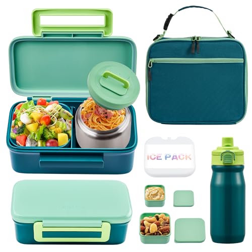 MAISON HUIS Bento Box for Kids with 8oz Soup Thermo, Insulated Lunch Bag & 17oz Water Bottle, 2-Compartment Bento Box with Built-In Ice Pack, Leak-Proof & BPA-Free (Green) - color: Green