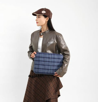 Puffy Quilted Laptop Sleeve 13-15 Inch Cute Plaid Laptop Case with Handle Grid Pattern Soft Protective Laptop Bag for Macbook - color: Blue