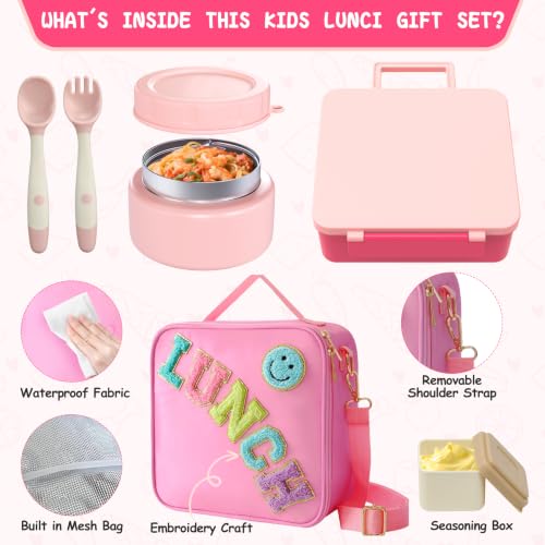 Aimsnk Lunch Box Kids with Thermo Insulated Lunch Bag for School, Pink | Bento Lunch Box for Kids with 8oz Food Jar, Leak Proof Hot Lunch Containers with 4 Compartment, Warm Lunchbox for Toddler - color: Pink