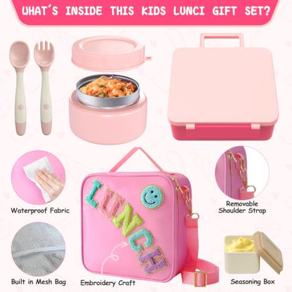 Aimsnk Lunch Box Kids with Thermo Insulated Lunch Bag for School, Pink | Bento Lunch Box for Kids with 8oz Food Jar, Leak Proof Hot Lunch Containers with 4 Compartment, Warm Lunchbox for Toddler - color: Pink