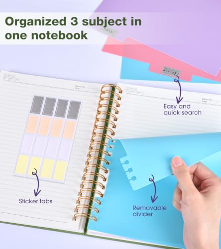 JASLEKO 3 Subject Notebook College Ruled with Dividers Tabs, 100 GSM Leather Hardcover Spiral Notebooks for School Work, 240 Pages Large Cute Notebook Journal for Women Men, College Students,Green - color: Green