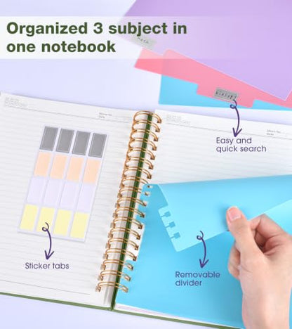 JASLEKO 3 Subject Notebook College Ruled with Dividers Tabs, 100 GSM Leather Hardcover Spiral Notebooks for School Work, 240 Pages Large Cute Notebook Journal for Women Men, College Students,Green - color: Green