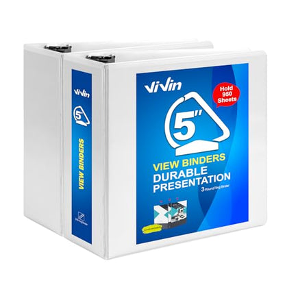 ViVin Durable 5 inch D Ring View Binder, Large 5" Slant-D Ring with 950-Sheet Capacity, Fit 8.5" x 11" Paper, 2 Pack(White) - color: White, size: 5 Inch, style: 2 Pack