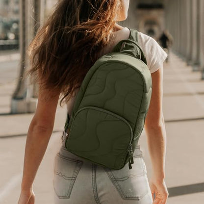 tomtoc 10L Crossbody Sling Bag Backpack for Women, Trendy Puffer Quilted Padded Bag for 13-inch Macbook Air, Macbook Neo A18, 11" iPad Air/Pro, Nintendo Switch 2, Lightweight Travel Chest Bag Daypack - color: Greenlands