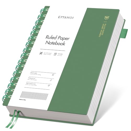 EMSHOI Lined Spiral Journal Notebook, 300 Pages, A5 Size (5.7'' x 8.2'') | College Ruled, 100 GSM Thick Paper, Flexible Plastic Cover, for School, Writing, Work, Office & Journaling (Dark Green) - color: Dark Green, size: A5