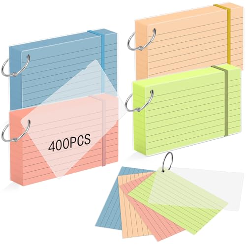 HAUTOCO 400 PCS Colored Index Cards 3x5 with Rings, Ruled Flashcards with Waterproof Covers, 4 Colors Note Cards for Studying, Vocabulary, Recipes, Office & School - color: 4 Colors, size: 3 x 5, 400 PCS
