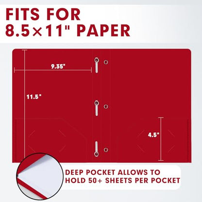 Plastic 2 Pocket Folders with Prongs, 30 Pack, Heavyweight, Letter Size Poly Folders with 3 Metal Prongs Fastener Clips (Red) - color: Red